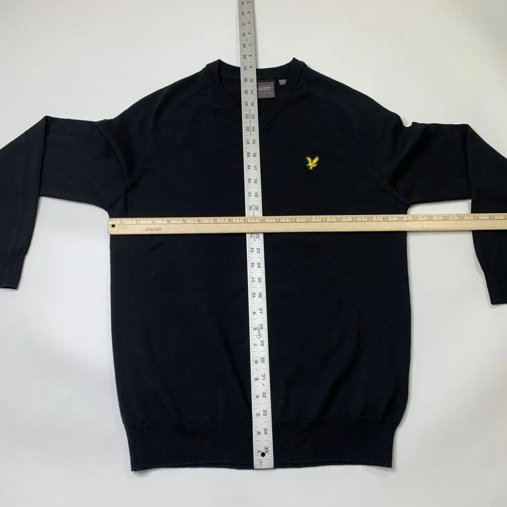 Lyle & Scott Sweater Mens S Small Black Merino Wool Knit V Neck Pullover Crew
